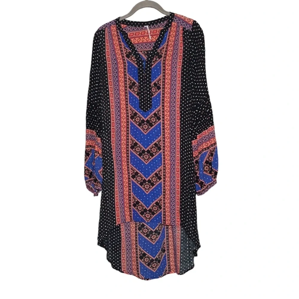 Free People Boho Print Tunic Mini Dress Hi Low Long Sleeve Size XS